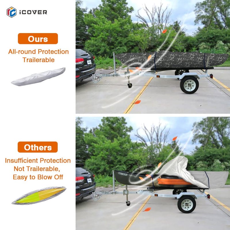 iCover غطاء قارب كاياك 10 قدم - غطاء مقاوم للماء للاستخدام الثقيل يناسب القوارب أو ألواح التجديف حتى 10 قدم طولًا وعرض يصل إلى 27 بوصة، تمويه - Image 4